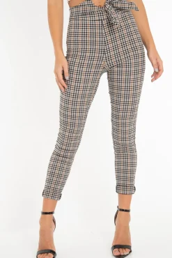 Rebellious Fashion Brown Checked High Waist Tapered Tie Belt Trousers - Airis