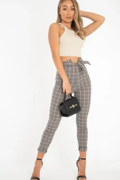 Rebellious Fashion Brown Checked High Waist Tapered Tie Belt Trousers - Airis
