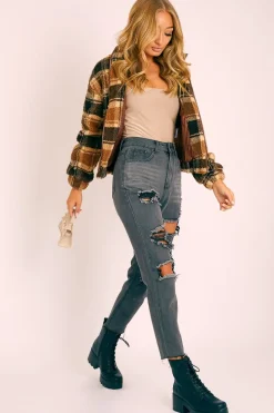 Rebellious Fashion Brown Checked Zip Up Front Teddy Jacket - Adriane
