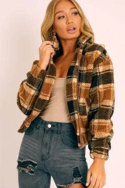 Rebellious Fashion Brown Checked Zip Up Front Teddy Jacket - Adriane