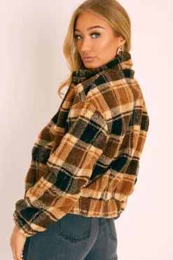 Rebellious Fashion Brown Checked Zip Up Front Teddy Jacket - Adriane