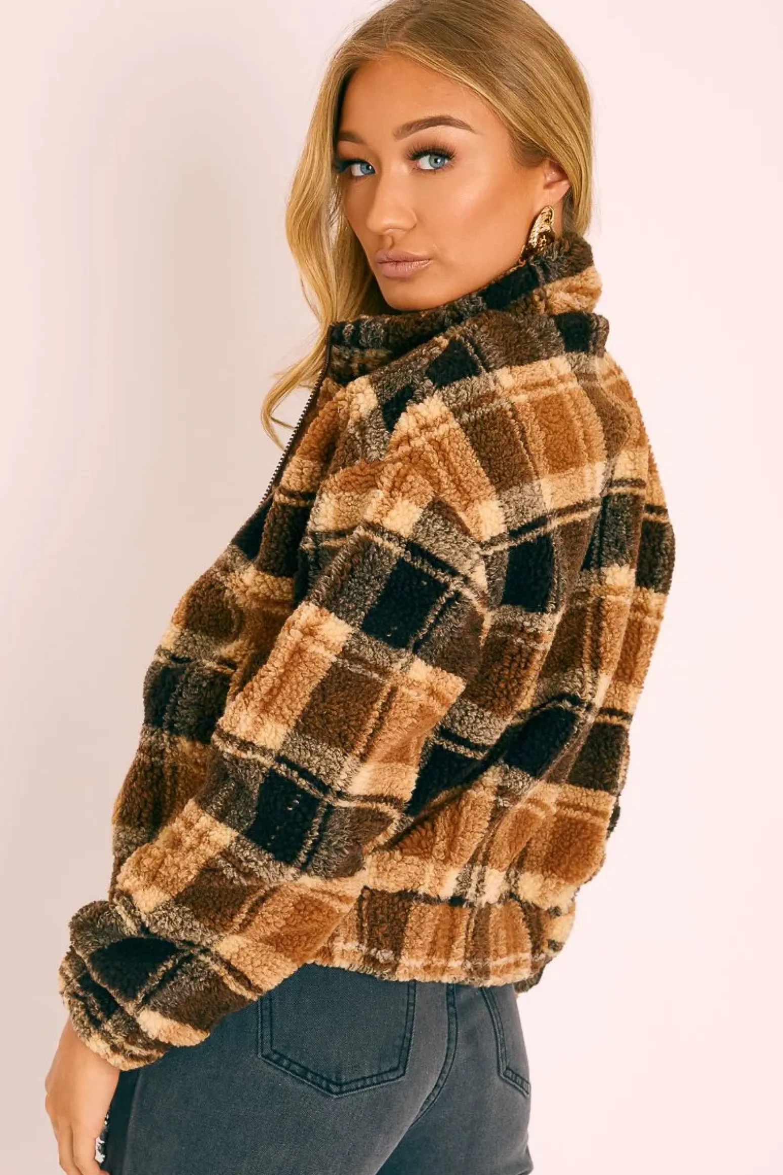 Rebellious Fashion Brown Checked Zip Up Front Teddy Jacket - Adriane