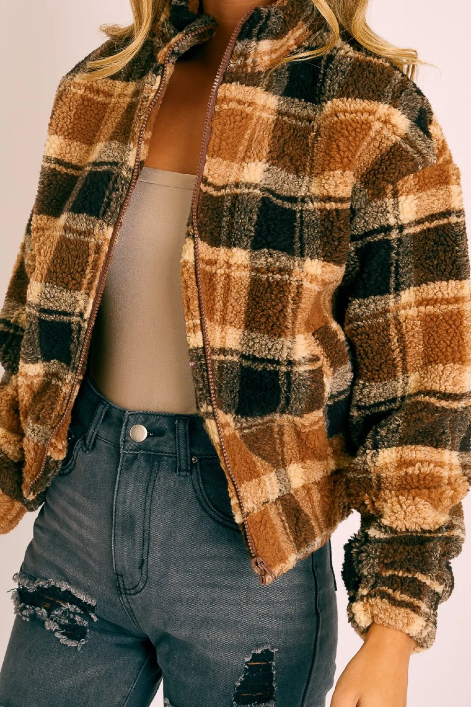Rebellious Fashion Brown Checked Zip Up Front Teddy Jacket - Adriane
