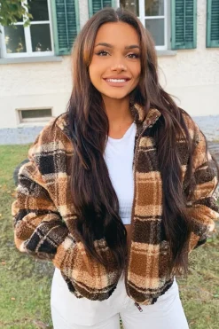 Rebellious Fashion Brown Checked Zip Up Front Teddy Jacket - Adriane
