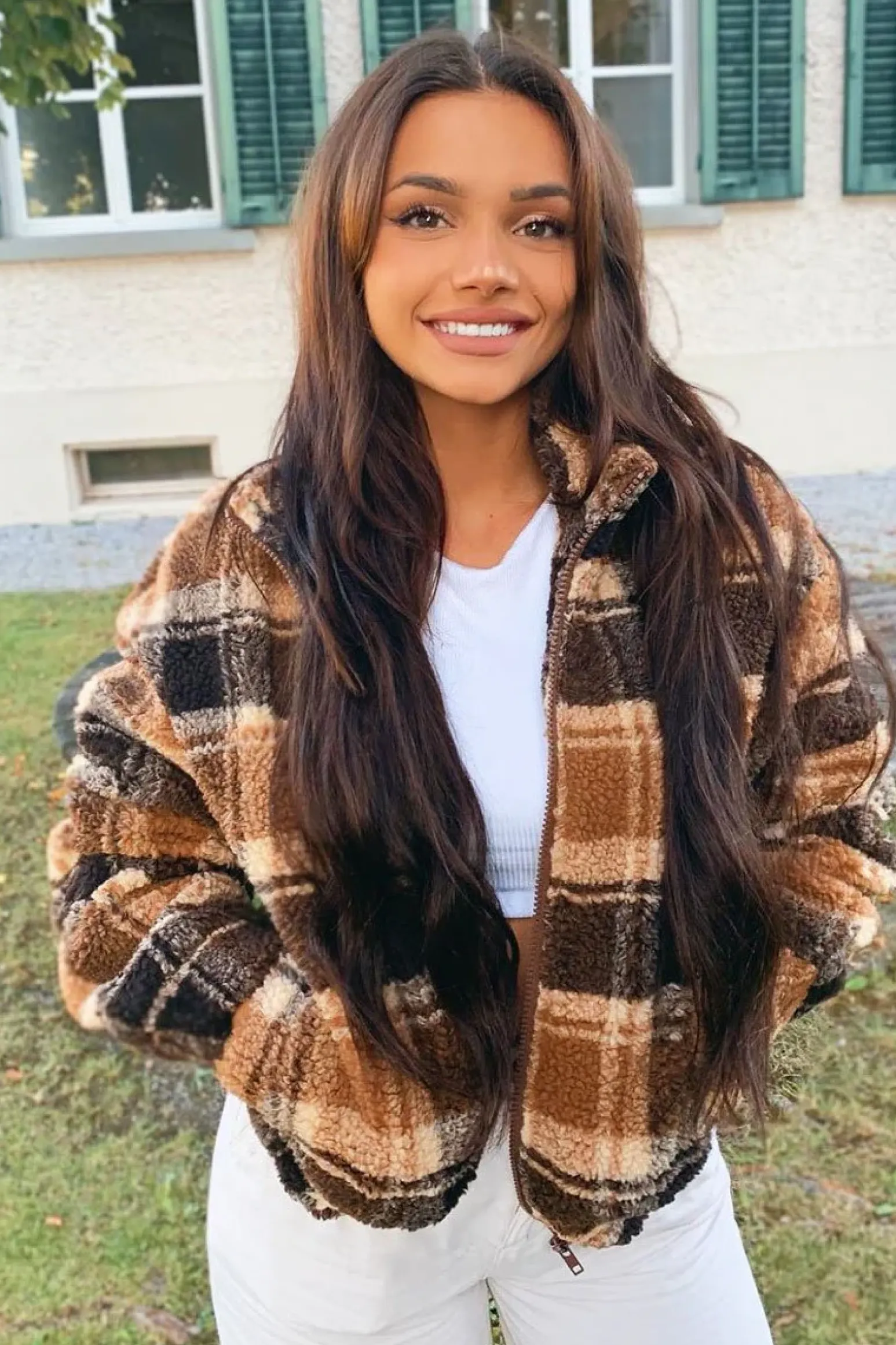 Rebellious Fashion Brown Checked Zip Up Front Teddy Jacket - Adriane