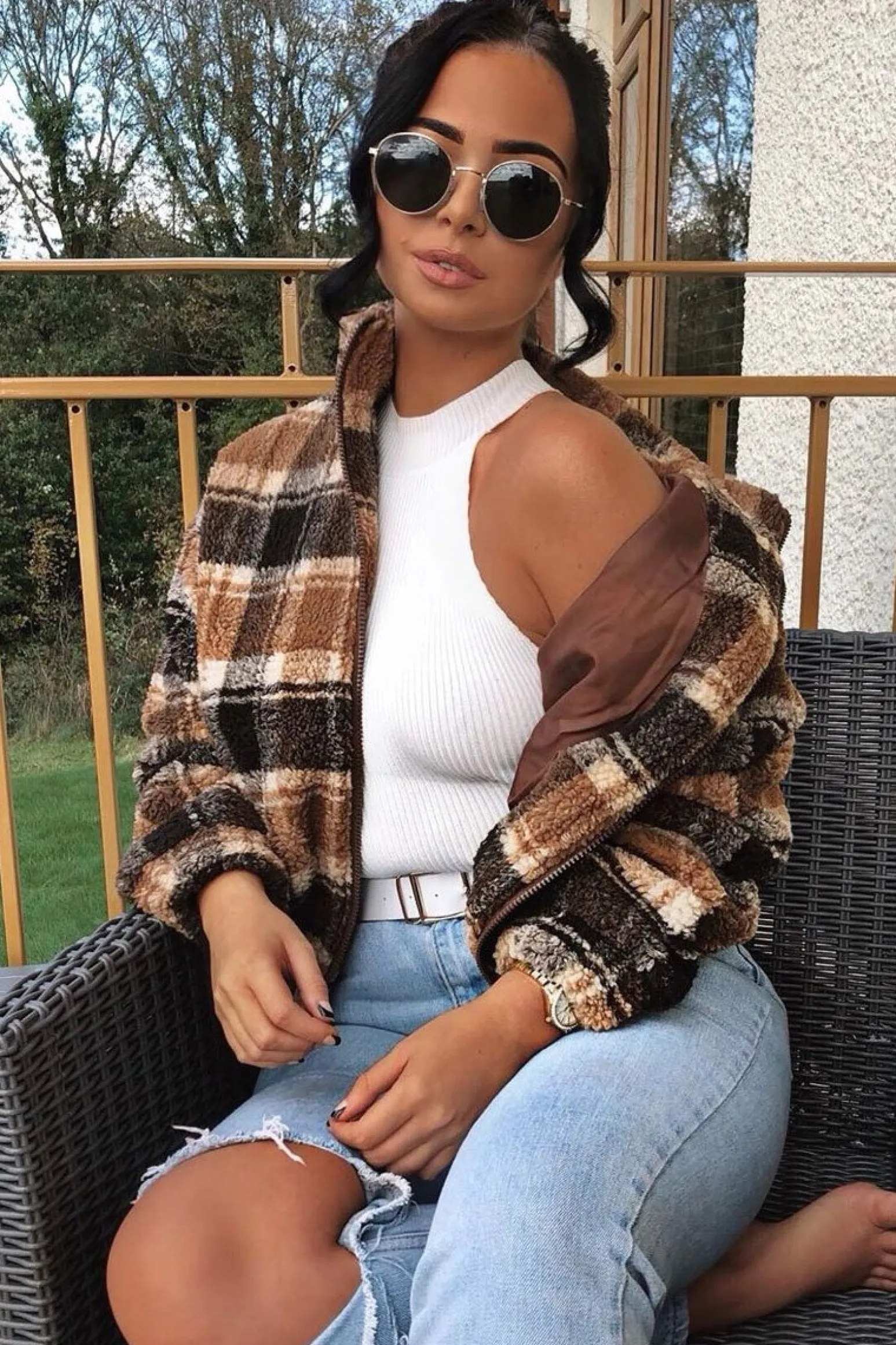 Rebellious Fashion Brown Checked Zip Up Front Teddy Jacket - Adriane