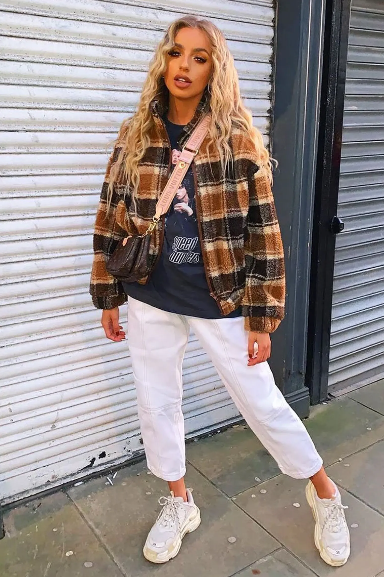 Rebellious Fashion Brown Checked Zip Up Front Teddy Jacket - Adriane
