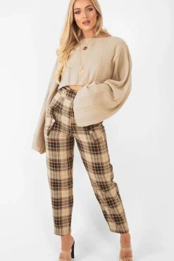 Rebellious Fashion Brown Check Frill Detail Trousers - Bristal