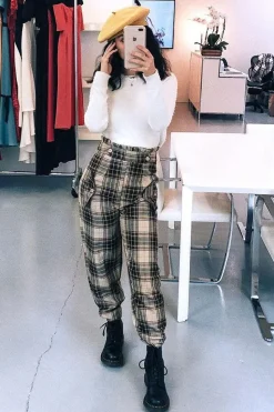 Rebellious Fashion Brown Check Frill Detail Trousers - Bristal