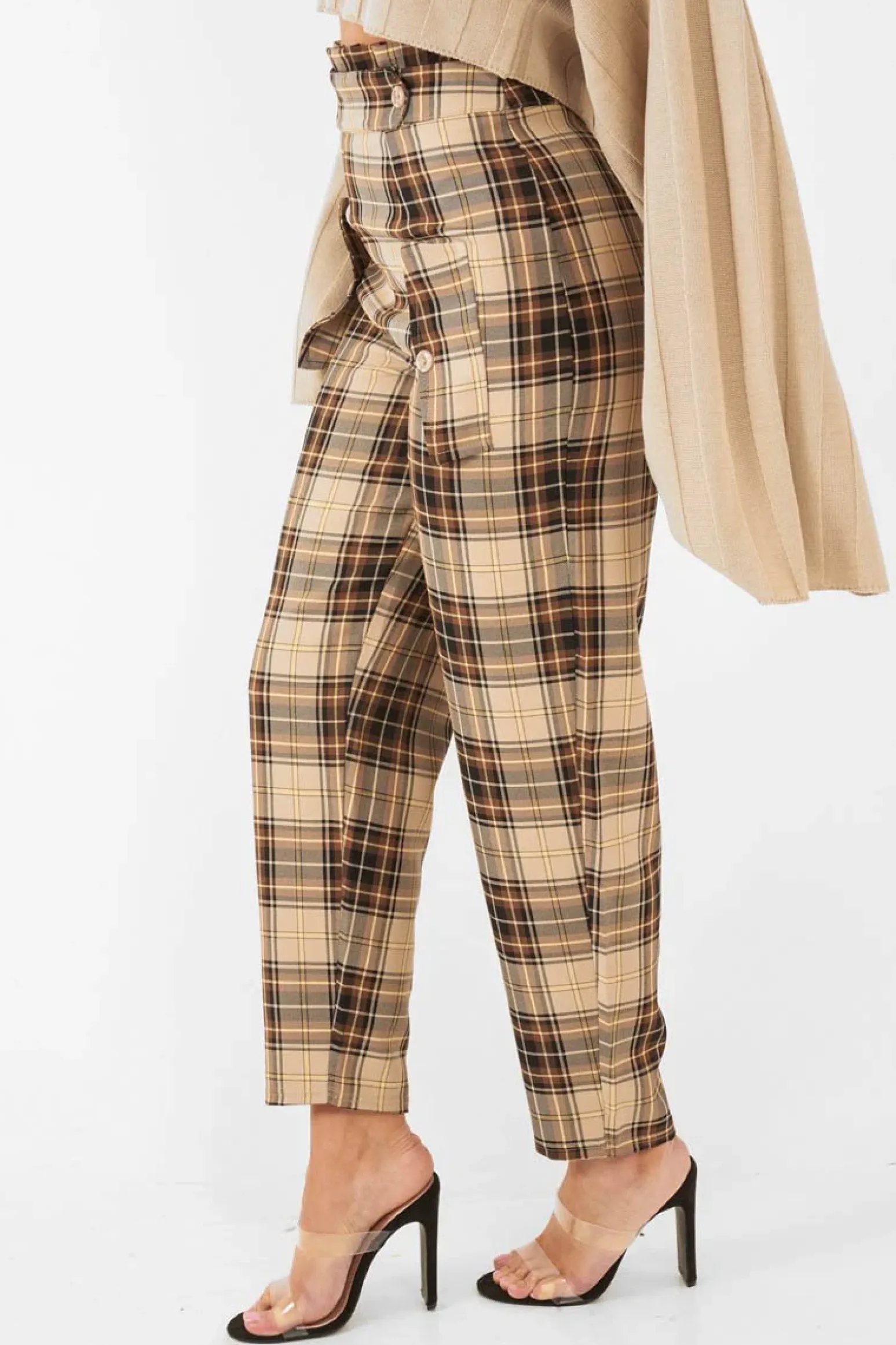 Rebellious Fashion Brown Check Frill Detail Trousers - Bristal