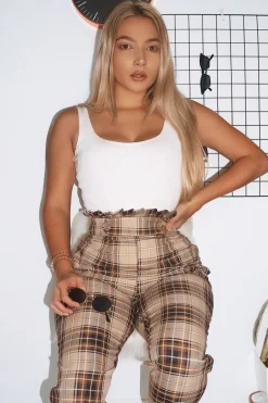 Rebellious Fashion Brown Check Frill Detail Trousers - Bristal