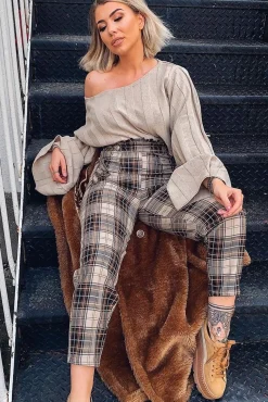 Rebellious Fashion Brown Check Frill Detail Trousers - Bristal