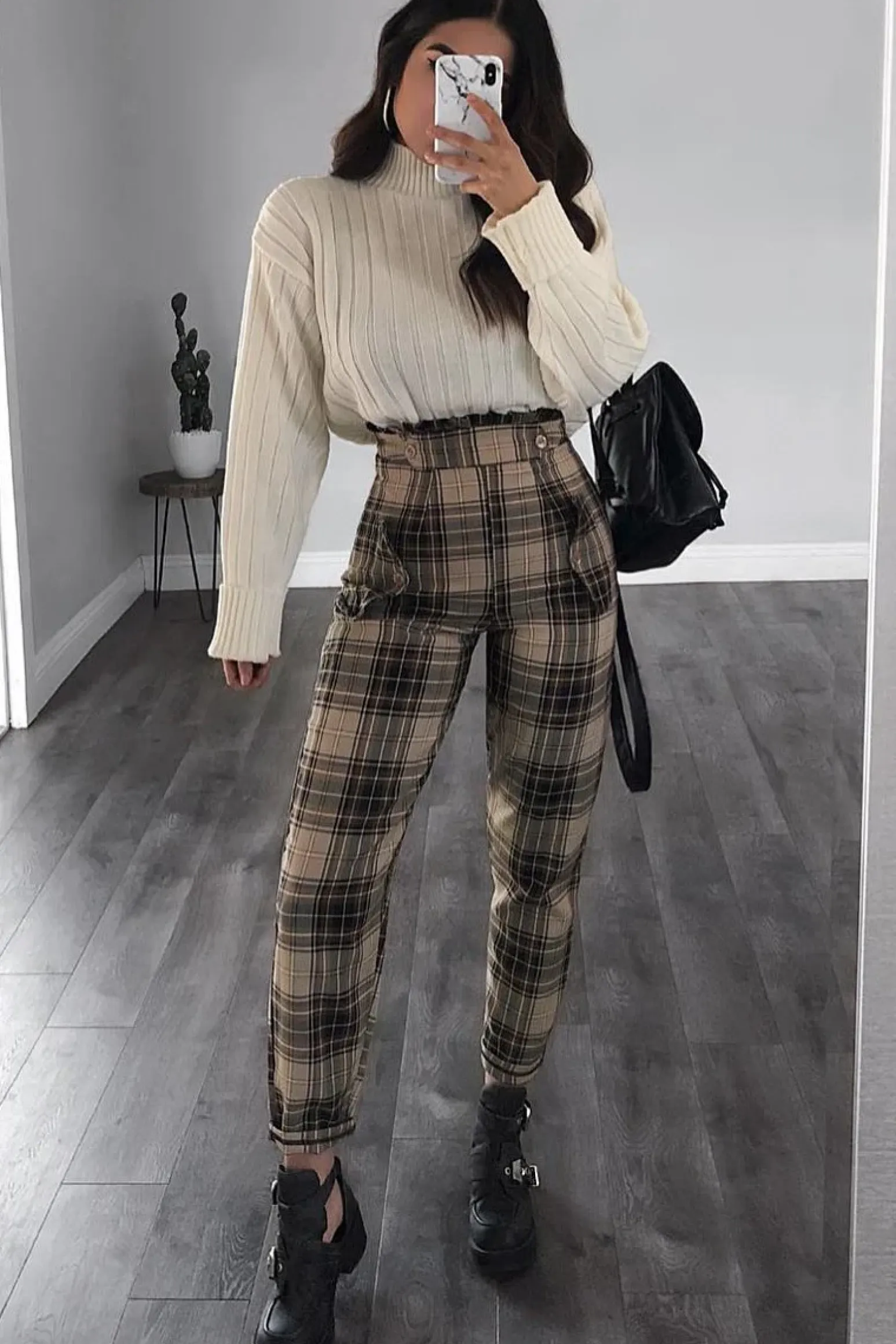 Rebellious Fashion Brown Check Frill Detail Trousers - Bristal