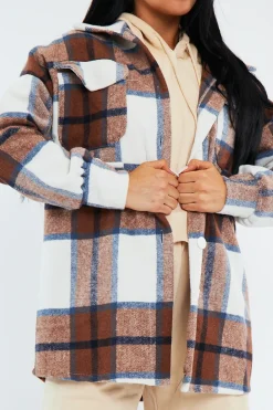 Rebellious Fashion Brown Check Pocket Front Shacket - Nura