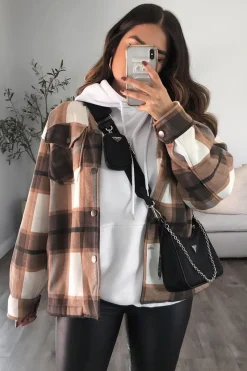 Rebellious Fashion Brown Check Pocket Front Shacket - Misa