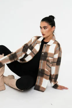 Rebellious Fashion Brown Check Pocket Front Shacket - Misa