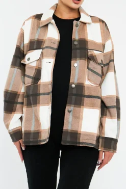 Rebellious Fashion Brown Check Pocket Front Shacket - Misa