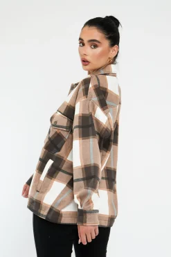 Rebellious Fashion Brown Check Pocket Front Shacket - Misa