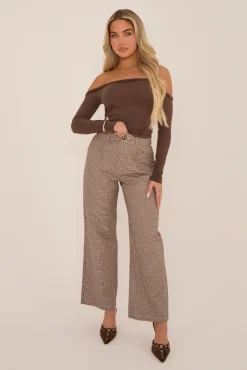 Rebellious Fashion Brown Check Wide Leg High Waisted Trousers - Lorena