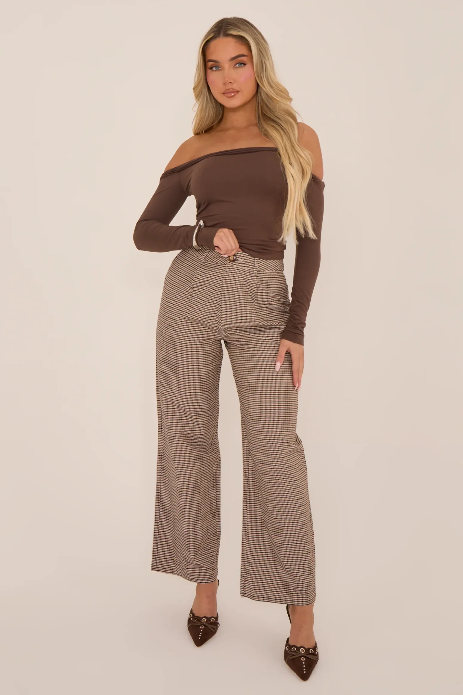 Rebellious Fashion Brown Check Wide Leg High Waisted Trousers - Lorena