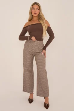 Rebellious Fashion Brown Check Wide Leg High Waisted Trousers - Lorena
