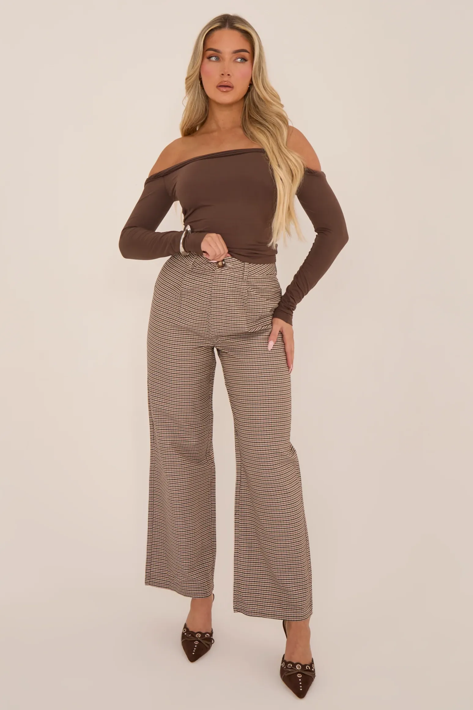 Rebellious Fashion Brown Check Wide Leg High Waisted Trousers - Lorena