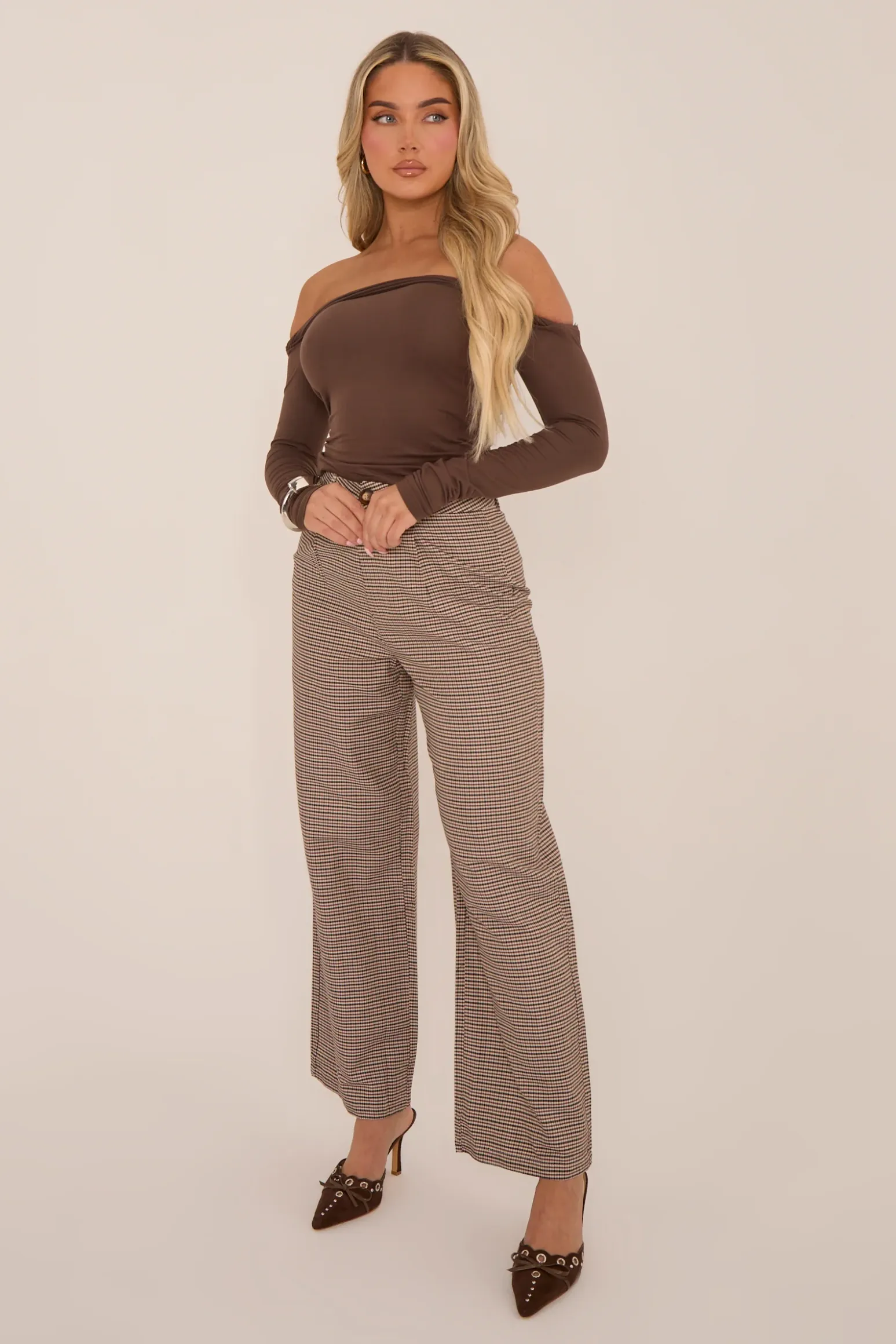 Rebellious Fashion Brown Check Wide Leg High Waisted Trousers - Lorena