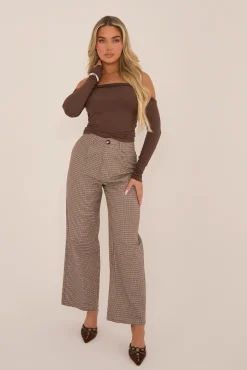 Rebellious Fashion Brown Check Wide Leg High Waisted Trousers - Lorena
