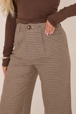 Rebellious Fashion Brown Check Wide Leg High Waisted Trousers - Lorena