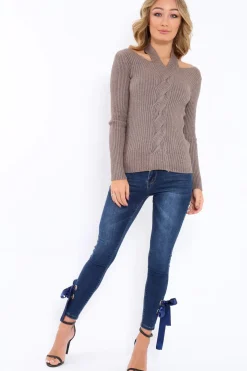 Rebellious Fashion Brown Choker Twist Knit Jumper - Maya