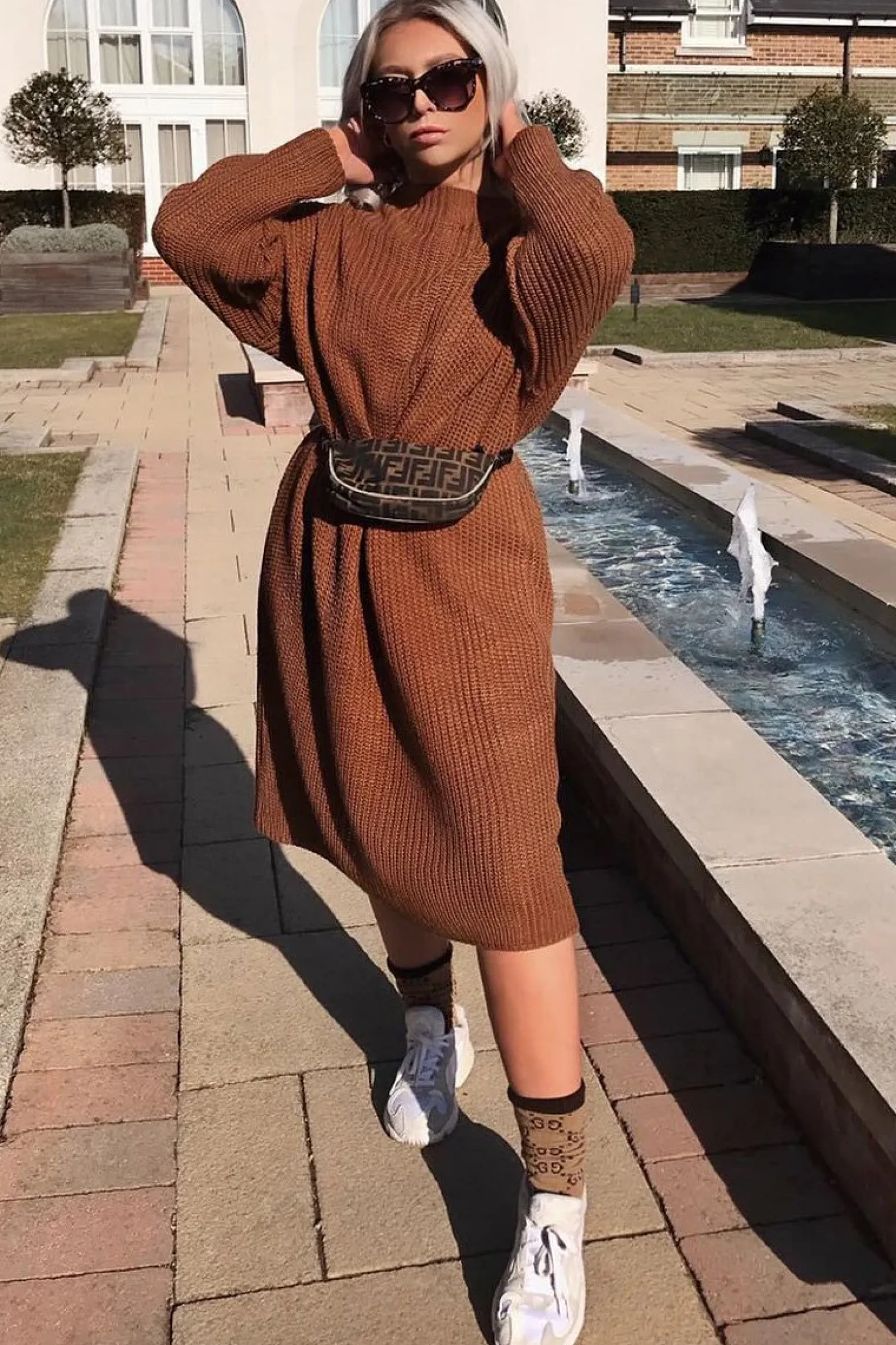 Rebellious Fashion Brown Chunky Knit Slash Neck Jumper Dress - Hessie