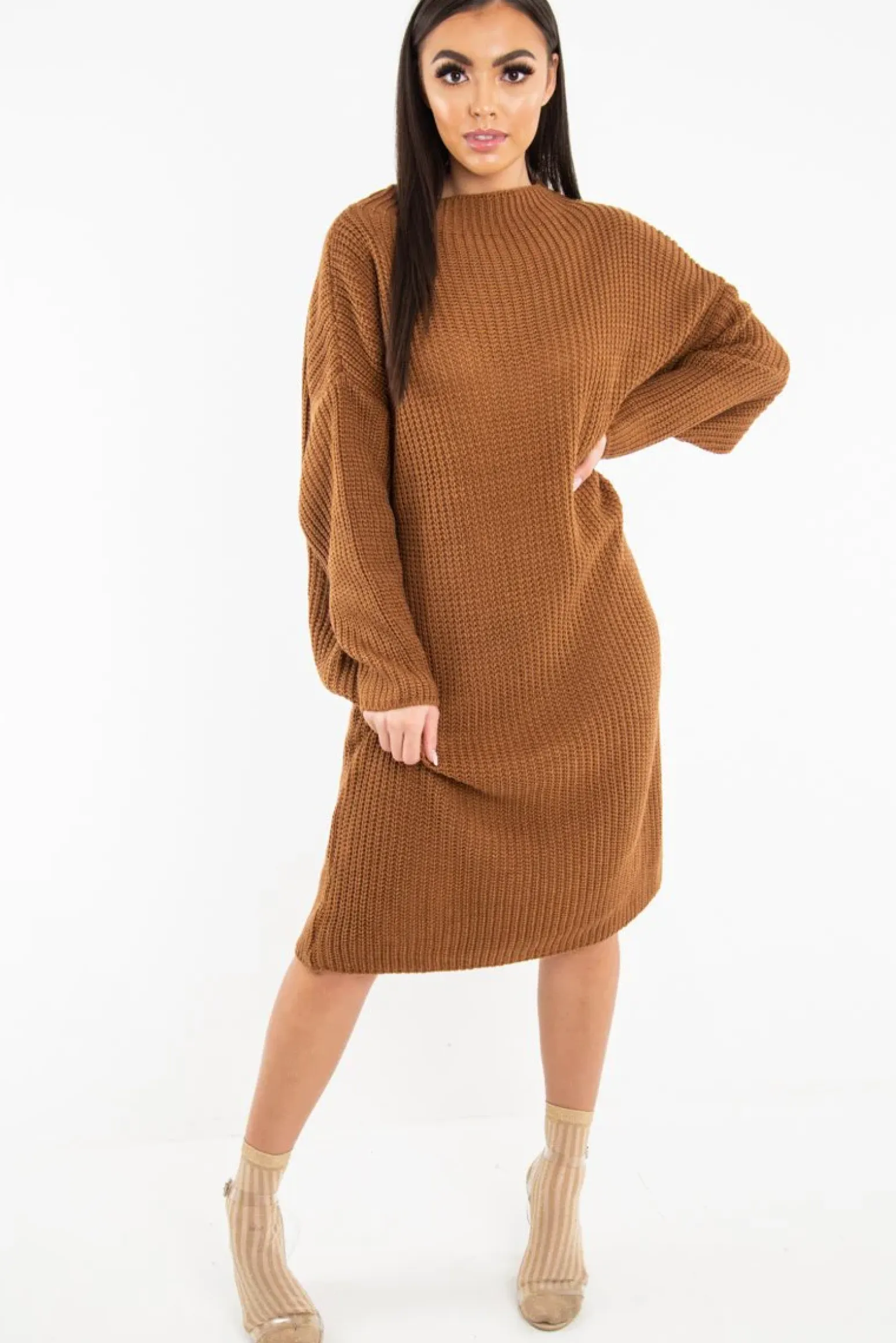Rebellious Fashion Brown Chunky Knit Slash Neck Jumper Dress - Hessie