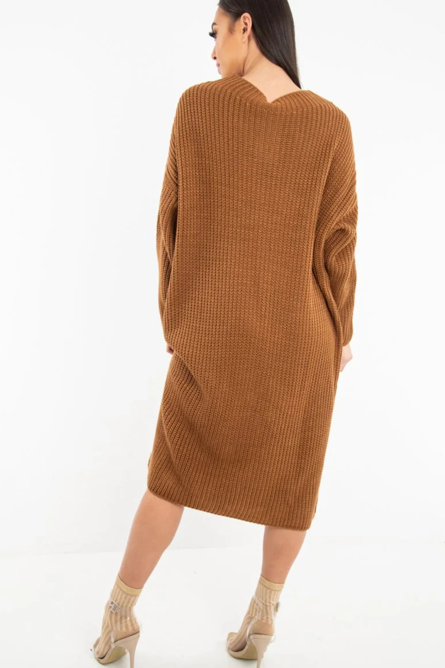 Rebellious Fashion Brown Chunky Knit Slash Neck Jumper Dress - Hessie
