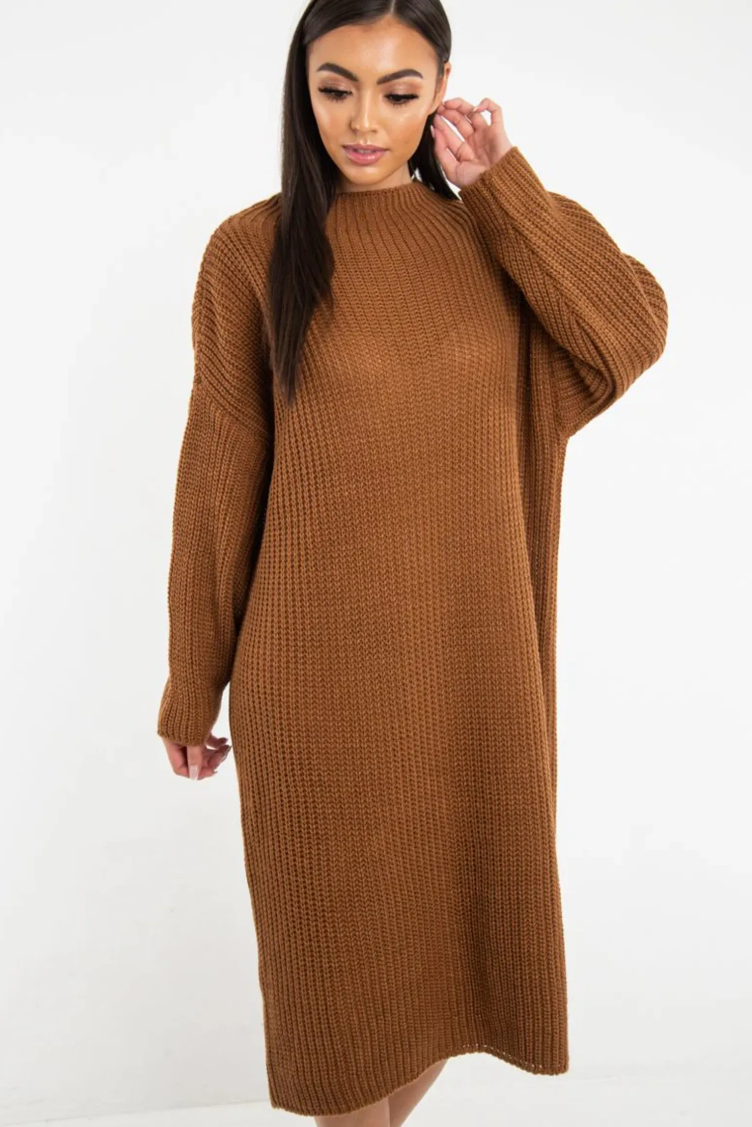 Rebellious Fashion Brown Chunky Knit Slash Neck Jumper Dress - Hessie