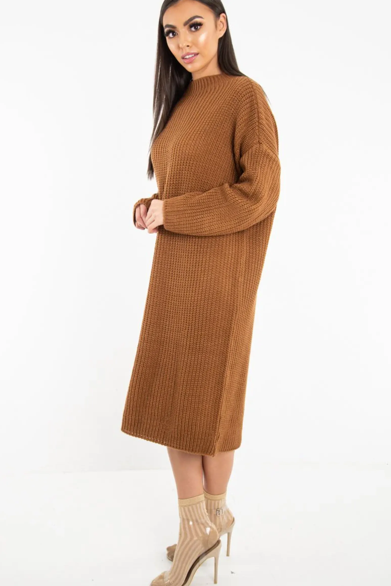 Rebellious Fashion Brown Chunky Knit Slash Neck Jumper Dress - Hessie