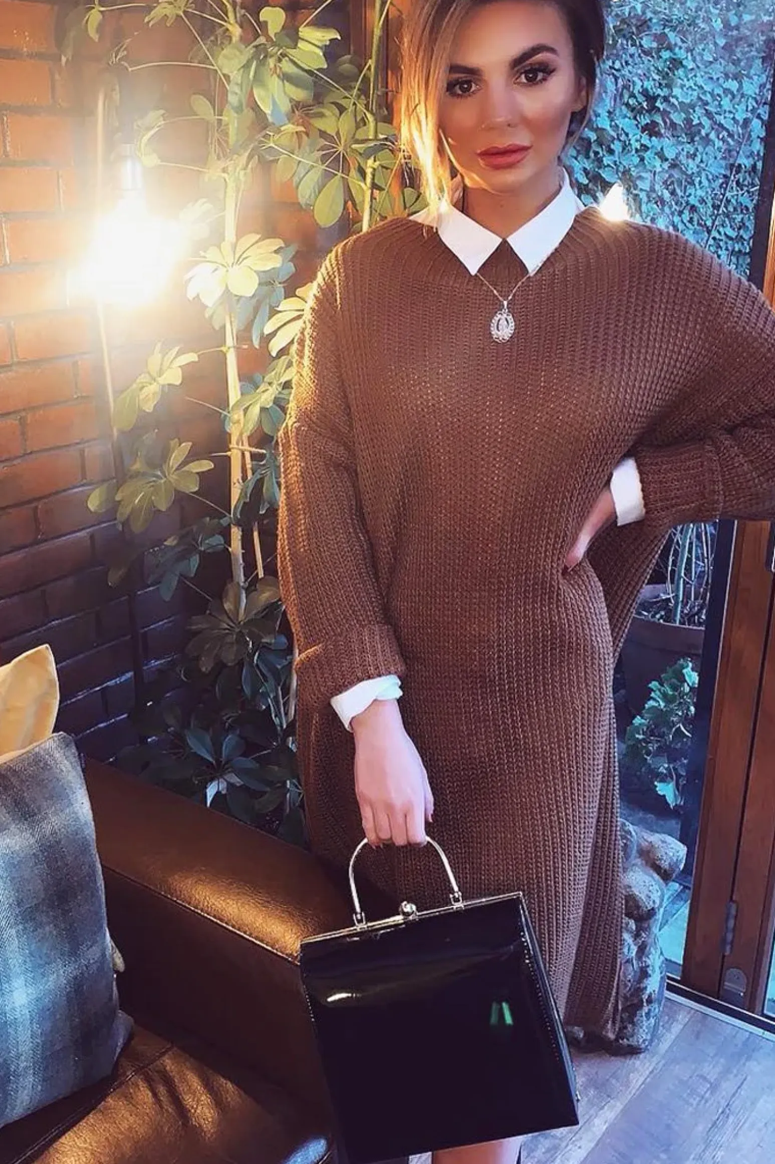 Rebellious Fashion Brown Chunky Knit Slash Neck Jumper Dress - Hessie