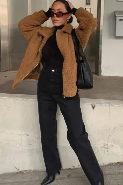 Rebellious Fashion Brown Collar Zip Front Borg Teddy Jacket - Kaleah