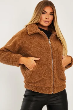 Rebellious Fashion Brown Collar Zip Front Borg Teddy Jacket - Kaleah