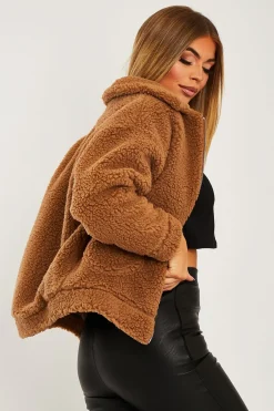 Rebellious Fashion Brown Collar Zip Front Borg Teddy Jacket - Kaleah