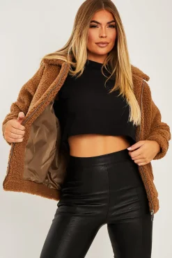 Rebellious Fashion Brown Collar Zip Front Borg Teddy Jacket - Kaleah