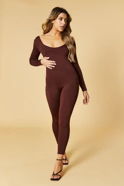 Rebellious Fashion Brown Contour Long Sleeve Jumpsuit - Luana