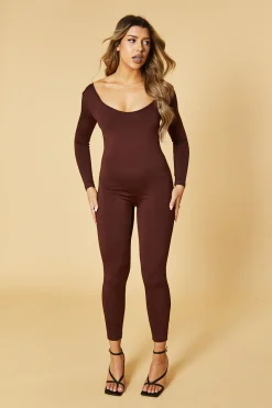 Rebellious Fashion Brown Contour Long Sleeve Jumpsuit - Luana