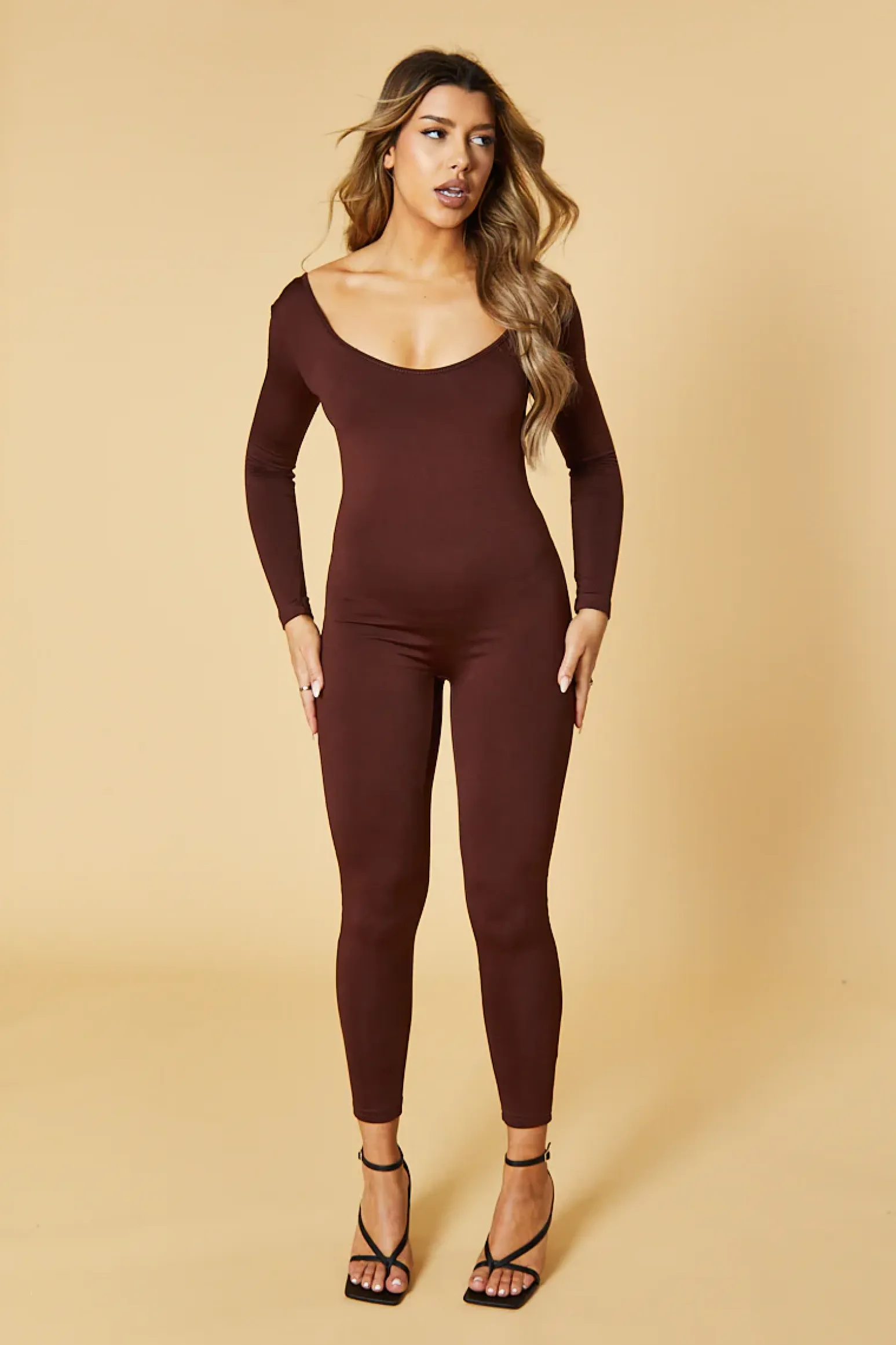 Rebellious Fashion Brown Contour Long Sleeve Jumpsuit - Luana