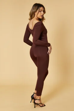 Rebellious Fashion Brown Contour Long Sleeve Jumpsuit - Luana