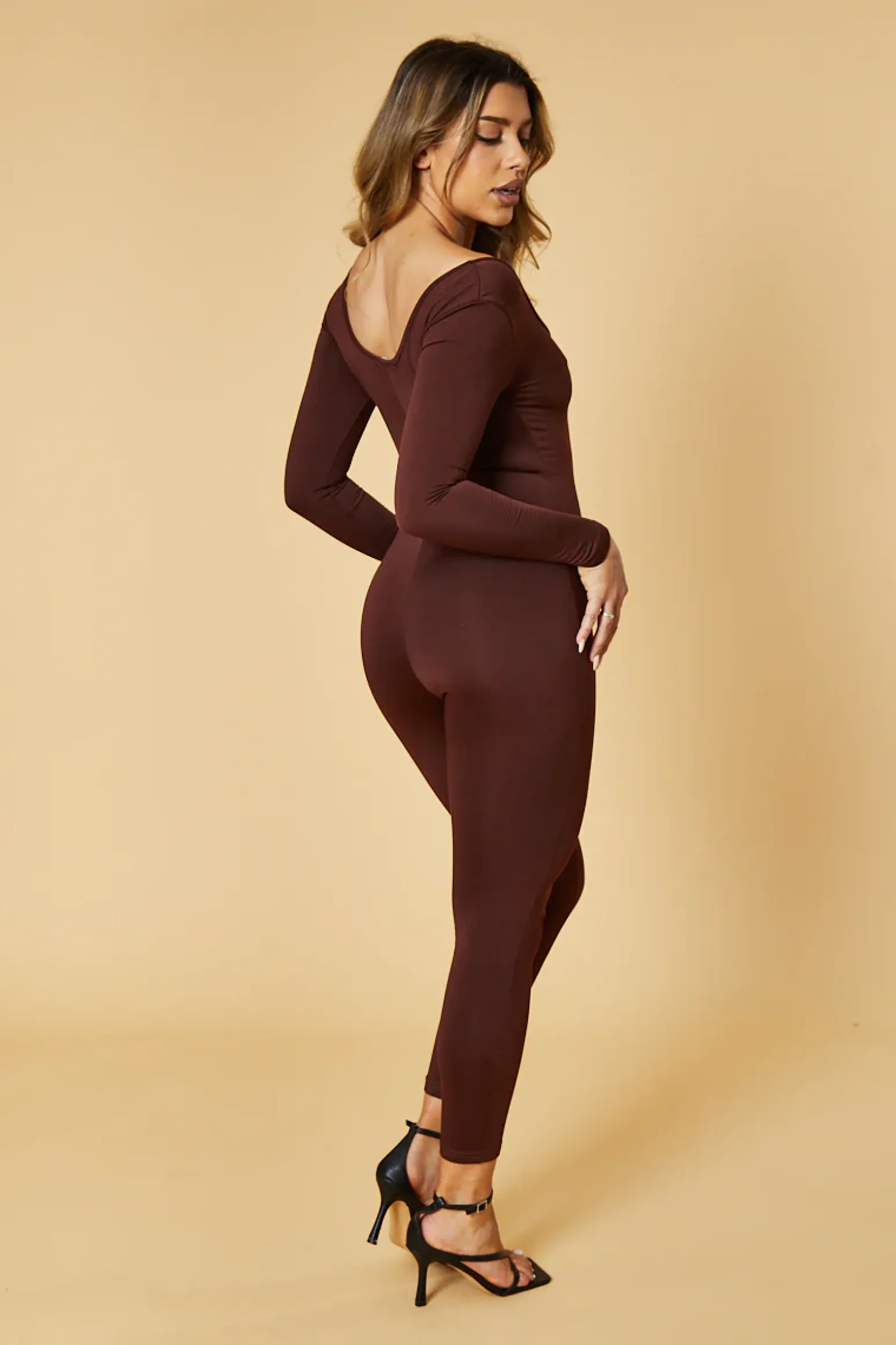 Rebellious Fashion Brown Contour Long Sleeve Jumpsuit - Luana