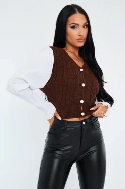 Rebellious Fashion Brown Contrast Sleeves Knitted Top - Mckaela