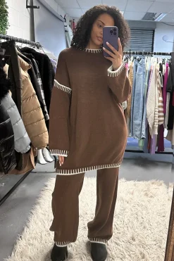 Rebellious Fashion Brown Contrast Stitch Knitted Co-ord Set - Storm