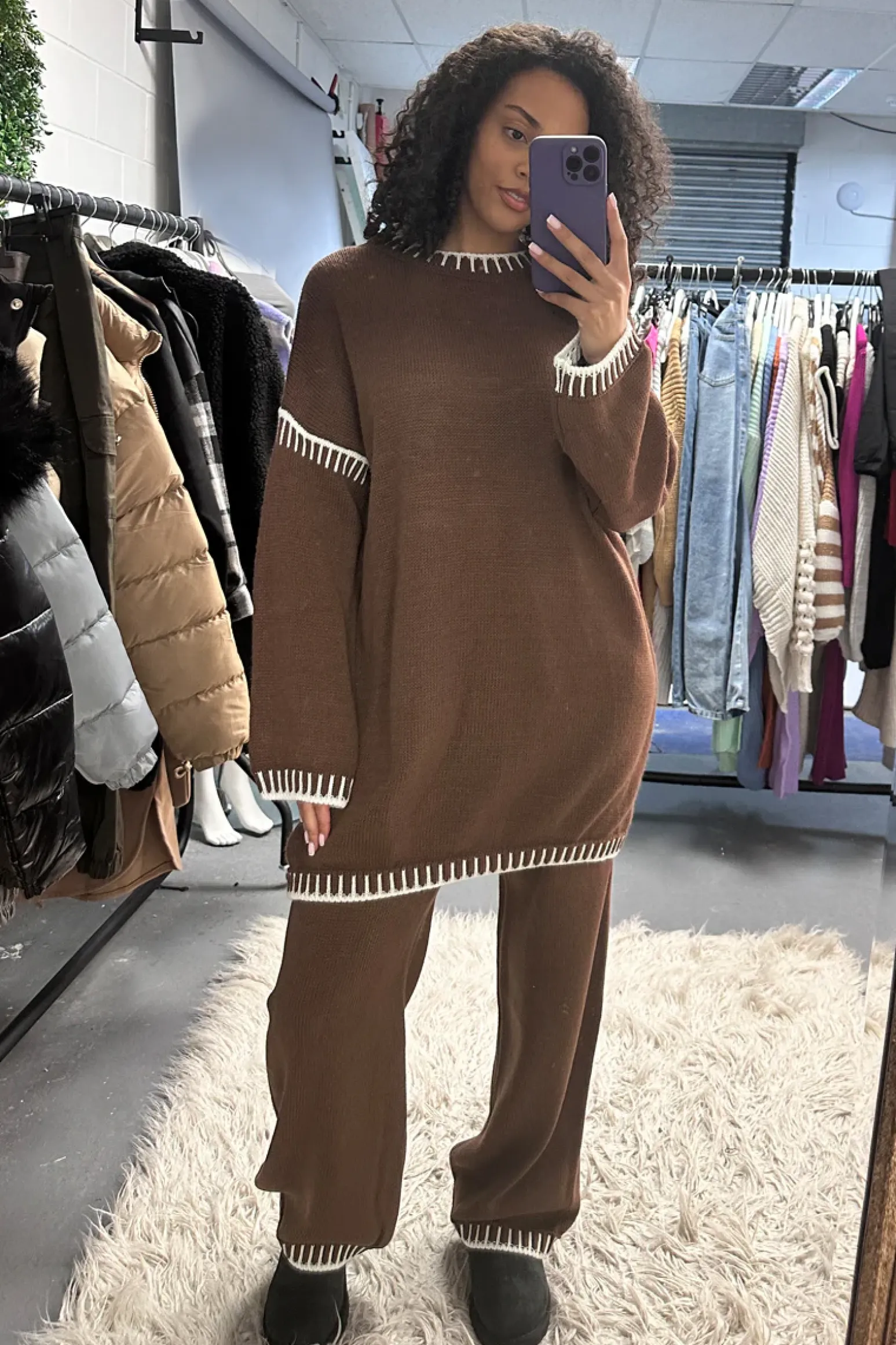 Rebellious Fashion Brown Contrast Stitch Knitted Co-ord Set - Storm