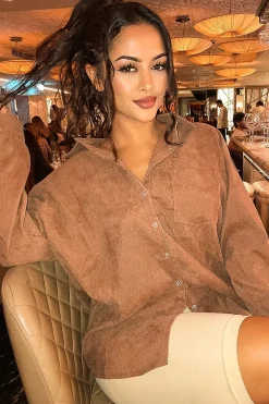 Rebellious Fashion Brown Corduroy Button Front Oversized Shirt - Kyrah