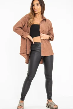 Rebellious Fashion Brown Corduroy Button Front Oversized Shirt - Kyrah